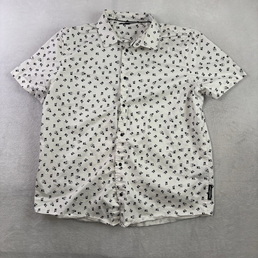 Karl Lagerfeld White Short Sleeve Pearl Snap Collared Shirt Men's XL AOP